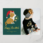 Cute Santa Corgi Foto Green Happy Hanukkah Folie Feestdagenkaart<br><div class="desc">Happy Hanukkah! Stuur je feestelijke groeten met deze aanpasbare gouden folie Hanukkah-fotoplatte kaart. Het is voorzien van een schattige corgi met een kersthoed. Personaliseer door een foto,  namen,  jaar en andere details toe te voegen. Deze leuke corgi-foto Hanukkah flat card is verkrijgbaar in andere kleuren van de folie.</div>