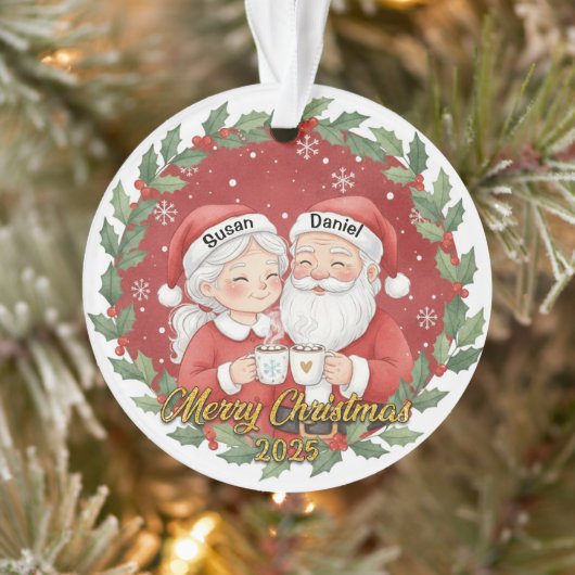 Cute Santa Couple Holiday Keepsake with Custom Nam Ornament (Boom)