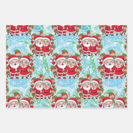 Cute Santa & Elves Christmas Pattern Inpakpapier Vel (Voorkant)