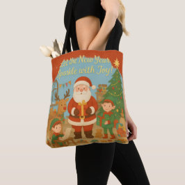 Cute Santa & Elves New Year Holiday Card Tote Bag