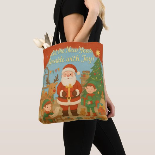 Cute Santa & Elves New Year Holiday Card Tote Bag (Dichtbij)