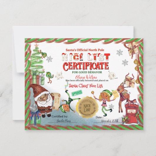 Cute Santa Elves Official Nice List Certificate Kaart (Voorkant)