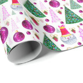 Cute Santa- en kerstbomen Waterverf Pattern Cadeaupapier (Rol Hoek)