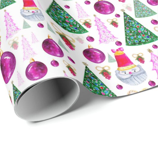 Cute Santa- en kerstbomen Waterverf Pattern Cadeaupapier (Rol Hoek)