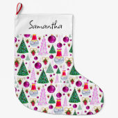 Cute Santa- en kerstbomen Waterverf Pattern Grote Kerstsok (Voorkant)