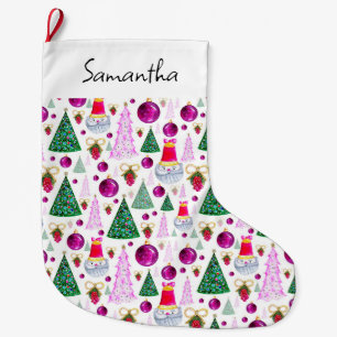 Cute Santa- en kerstbomen Waterverf Pattern Grote Kerstsok