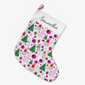 Cute Santa- en kerstbomen Waterverf Pattern Grote Kerstsok (Voorkant (Hangend))