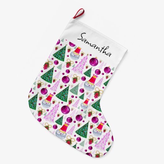 Cute Santa- en kerstbomen Waterverf Pattern Grote Kerstsok (Voorkant (Hangend))