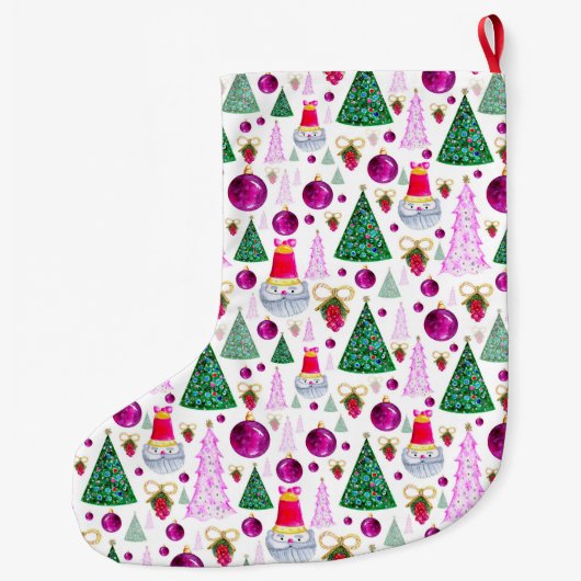 Cute Santa- en kerstbomen Waterverf Pattern Grote Kerstsok (Achterkant)