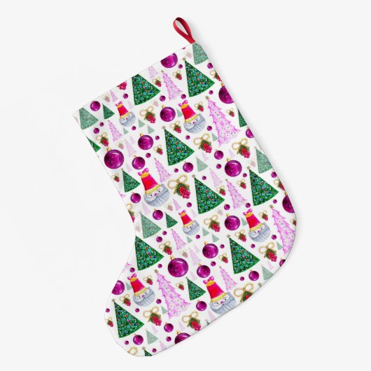 Cute Santa- en kerstbomen Waterverf Pattern Grote Kerstsok (Achterkant (Hangend))