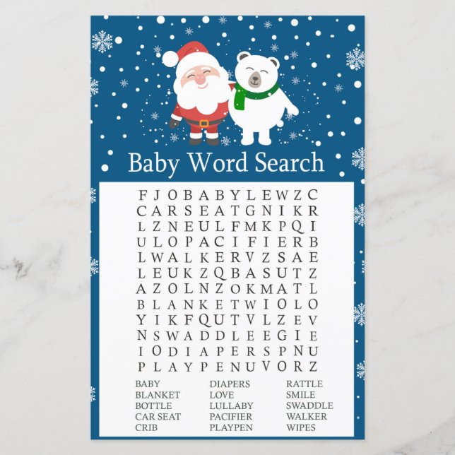 Cute santa en polair beer Baby shower Word Search (Voorkant)