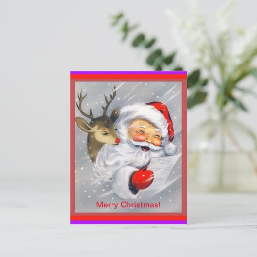 Cute Santa en Rudolph Cheerful Kerstmis Briefkaart (Staand voorkant)