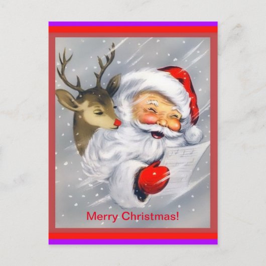 Cute Santa en Rudolph Cheerful Kerstmis Briefkaart (Voorkant)