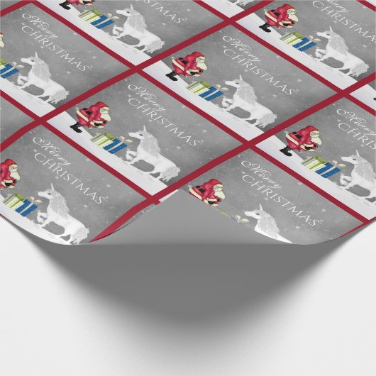 Cute Santa en Unicorn Merry Kerstmis Cadeaupapier (Hoek)