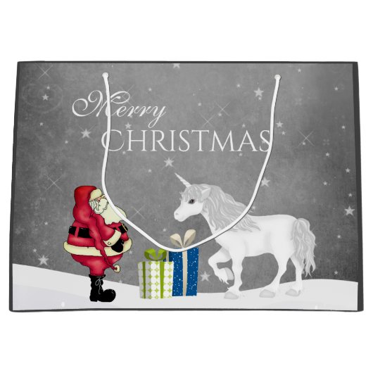 Cute Santa en Unicorn Merry Kerstmis Groot Cadeauzakje (Voorkant)
