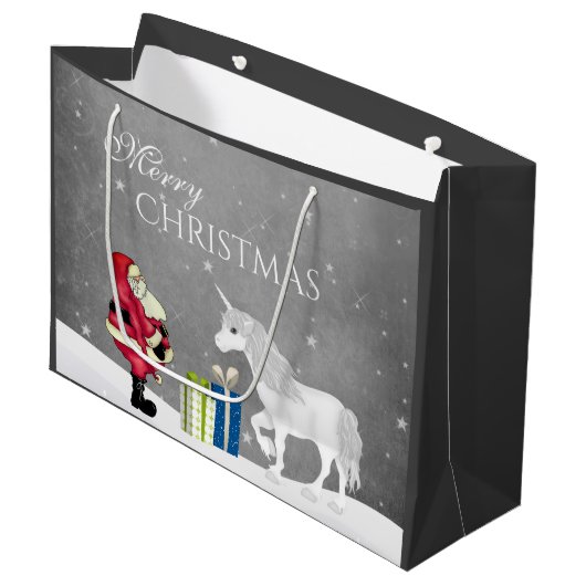 Cute Santa en Unicorn Merry Kerstmis Groot Cadeauzakje (Voorkant Gekanteld)