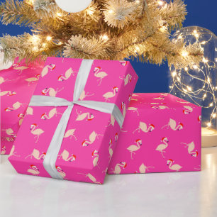 Cute Santa Flamingos Pattern Hot Pink kerst Cadeaupapier