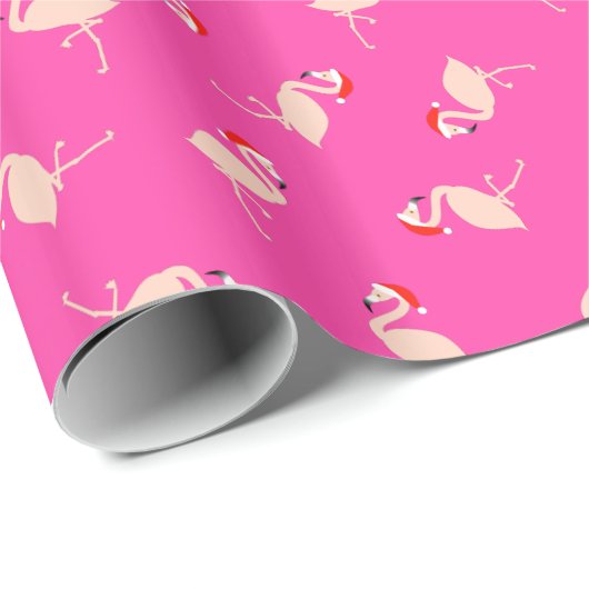 Cute Santa Flamingos Pattern Hot Pink kerst Cadeaupapier (Rol Hoek)