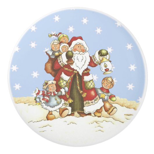 Cute Santa Folk Art Kinder kerstsnowflakes Keramische Knop (Voorkant)