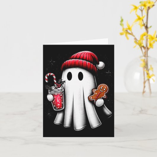 Cute Santa Ghost Drinking Coffee Ice Coffee Christ Kaart (Gele Bloem)