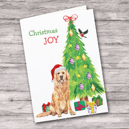 Cute Santa Golden Retriever en kerstboom Feestdagen Kaart