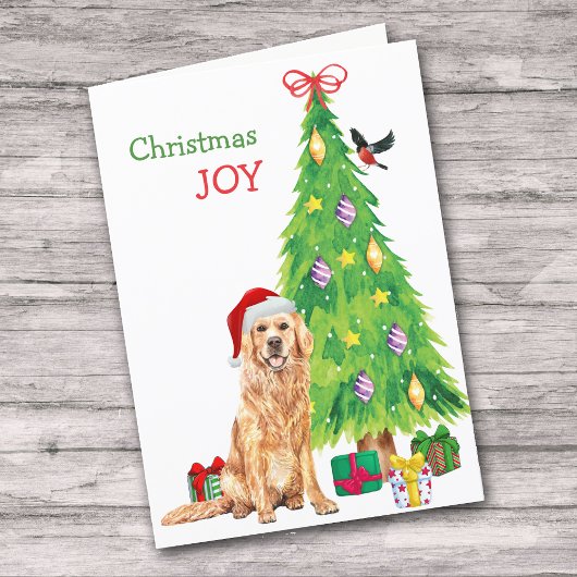 Cute Santa Golden Retriever en kerstboom Feestdagen Kaart