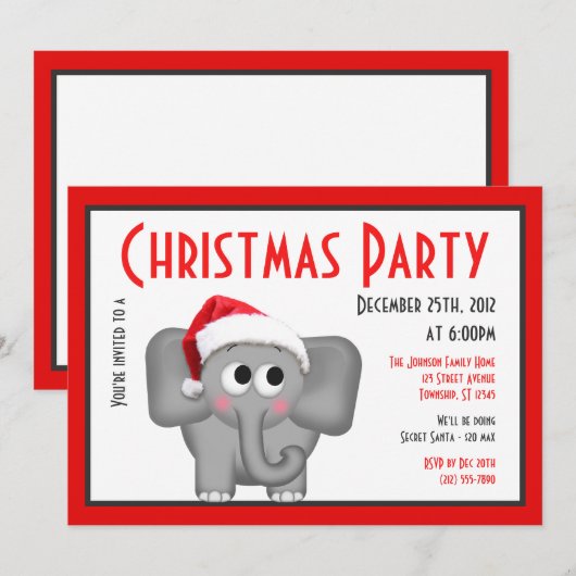 Cute Santa Hat Elephant - kerstuitnodigingen Kaart (Voorkant / Achterkant)