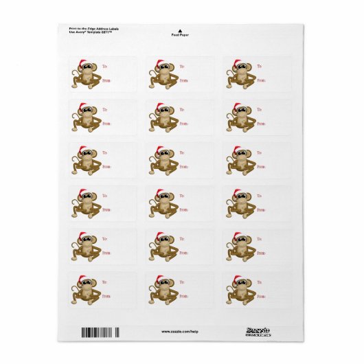 Cute Santa Hat Monkey - kerstcadeaulabels Etiket (Full Sheet)