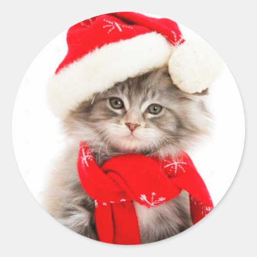 Cute Santa Kitty Klassieke Ronde Sticker (Voorkant)