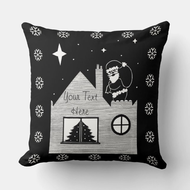 Cute santa met sack op dak monochrome kerstmis kussen (Voorkant)