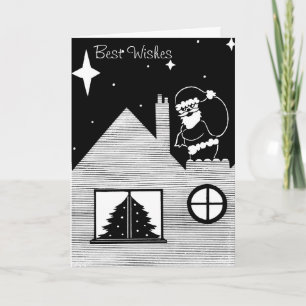 Cute santa met zak op dak zwart-wit feestdagen kaart