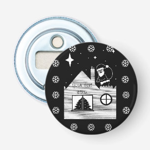 Cute santa met zak op dak zwart-wit glas button flesopener