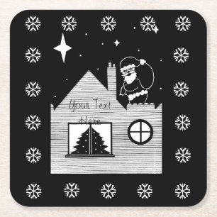 Cute santa met zak op dak zwart-wit glas kartonnen onderzetters