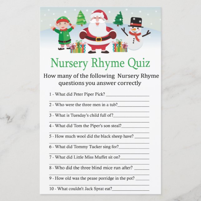 Cute Santa Nursery Rhyme Quiz baby shower game (Voorkant)