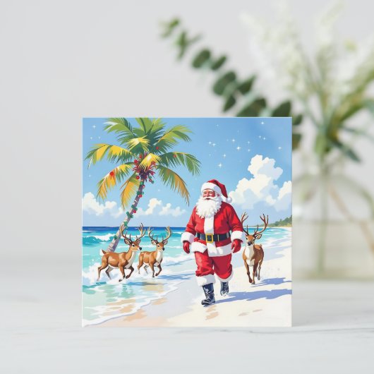 Cute Santa on Beach and Photo Template Christmas Feestdagenkaart (Staand voorkant)