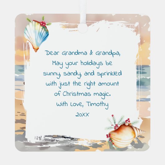 Cute Santa on Beach with Reindeer Personalized Metalen Ornament (Achterkant)