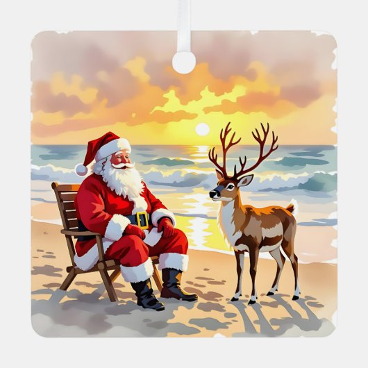Cute Santa on Beach with Reindeer Personalized Metalen Ornament (Voorkant)