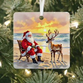 Cute Santa on Beach with Reindeer Personalized Metalen Ornament