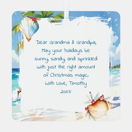 Cute Santa on Beach with Reindeer Personalized Metalen Ornament (Achterkant)