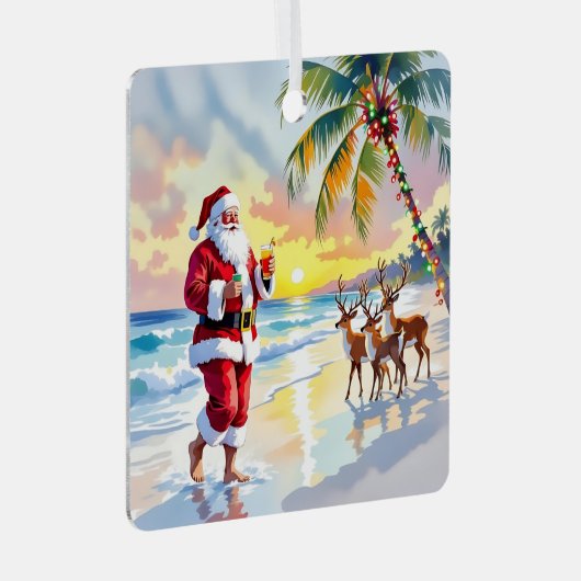 Cute Santa on Beach with Reindeer Personalized Metalen Ornament (Voorkant Rechts)