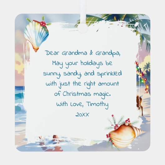 Cute Santa on Beach with Reindeer Personalized Metalen Ornament (Achterkant)