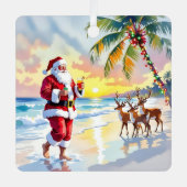 Cute Santa on Beach with Reindeer Personalized Metalen Ornament (Voorkant)