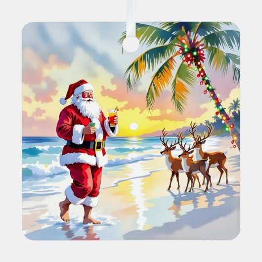 Cute Santa on Beach with Reindeer Personalized Metalen Ornament (Voorkant)