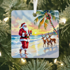 Cute Santa on Beach with Reindeer Personalized Metalen Ornament