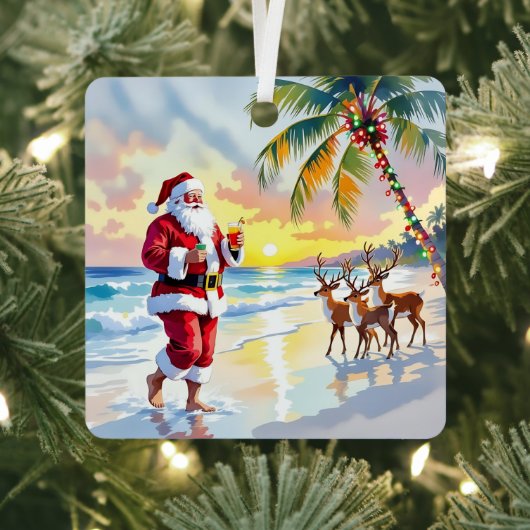Cute Santa on Beach with Reindeer Personalized Metalen Ornament (Insitu)