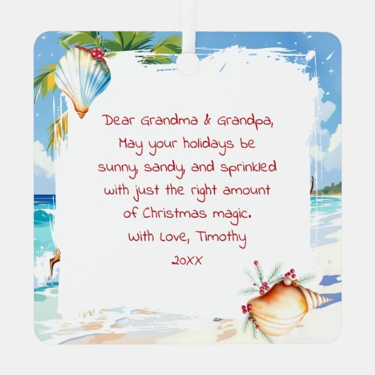 Cute Santa on Beach with Reindeer Personalized Metalen Ornament (Achterkant)