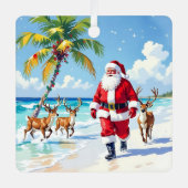 Cute Santa on Beach with Reindeer Personalized Metalen Ornament (Voorkant)