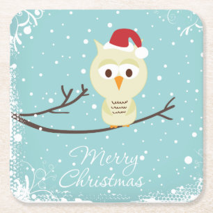 Cute Santa Owl Merry Kerstlight Blue Kartonnen Onderzetters