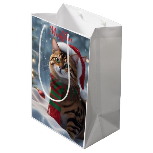 Cute Santa Paws Bengal Cat Christmas Personalized  Medium Cadeauzakje (Achterkant Gekanteld)