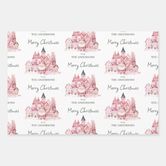 Cute Santa Pink Winter Town Christmas Inpakpapier Vel (Voorkant)